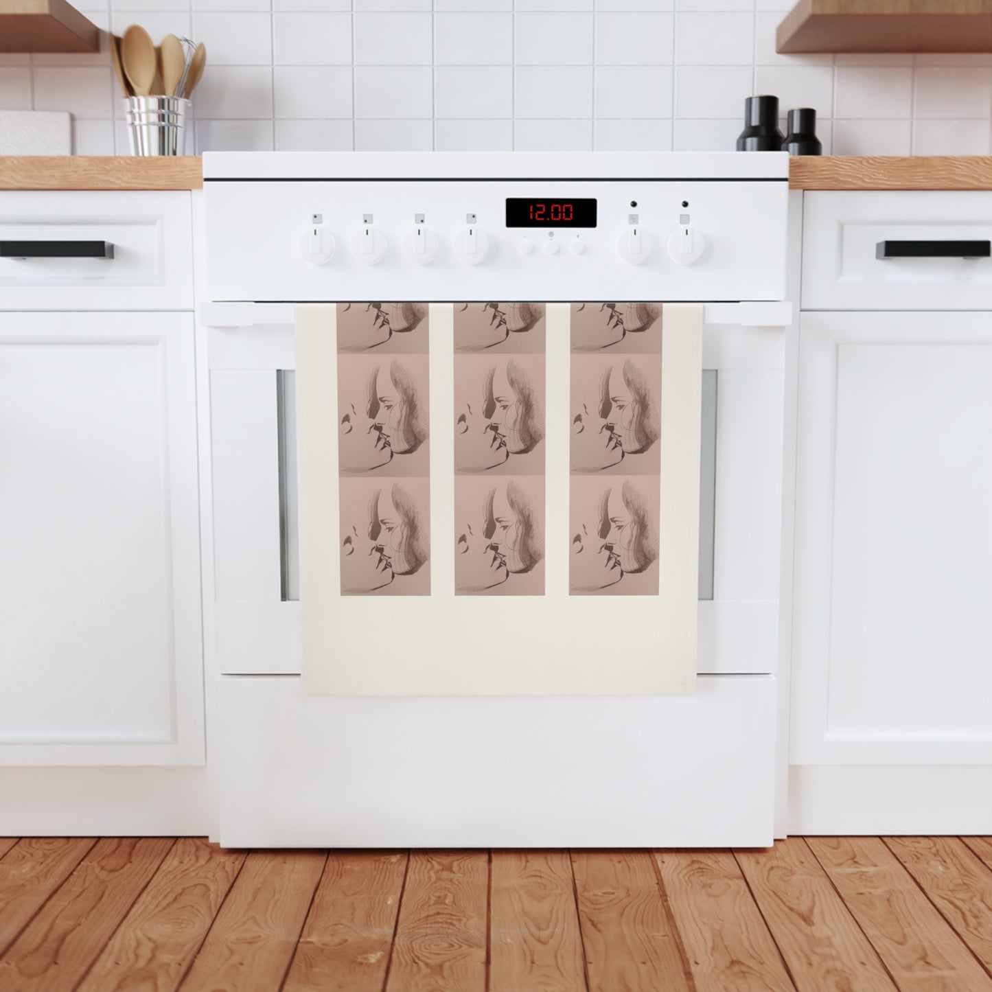 Vintage Portrait Cotton Tea Towel — Blush Repeating Face Pattern, Retro Bathroom or Kitchen Decor