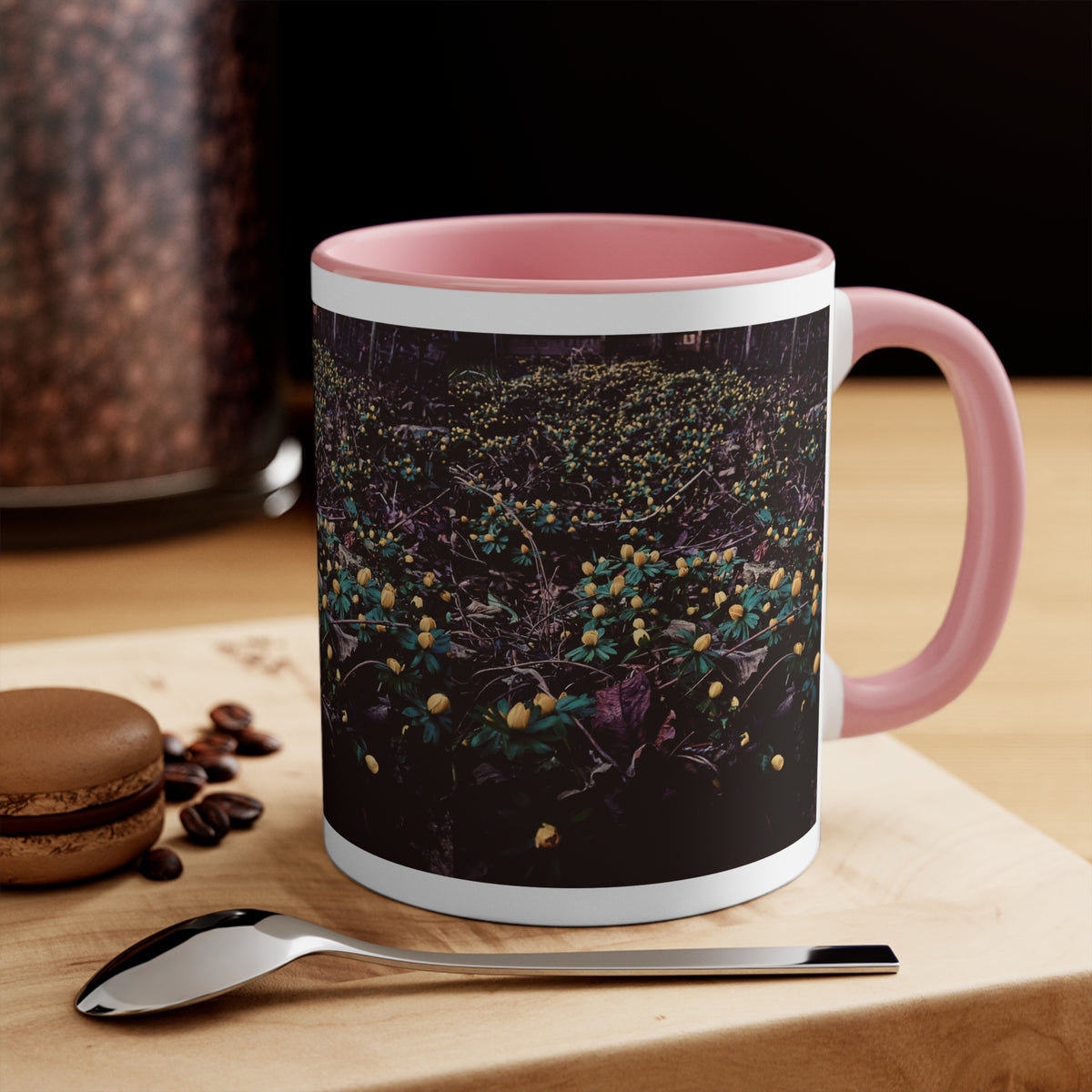 Floral Meadow Accent Mug — Dark Wildflower Print with Pink Interior