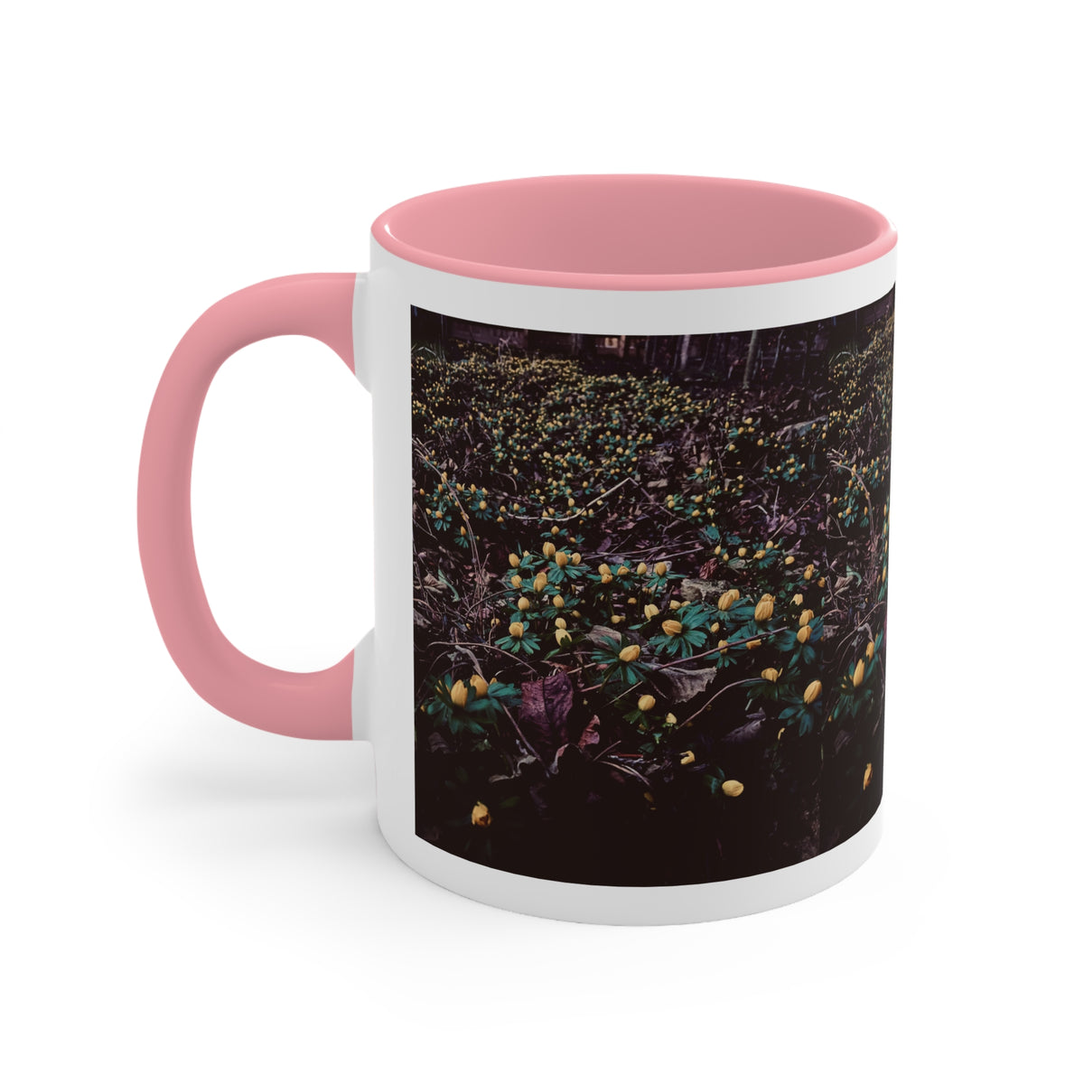 Floral Meadow Accent Mug — Dark Wildflower Print with Pink Interior