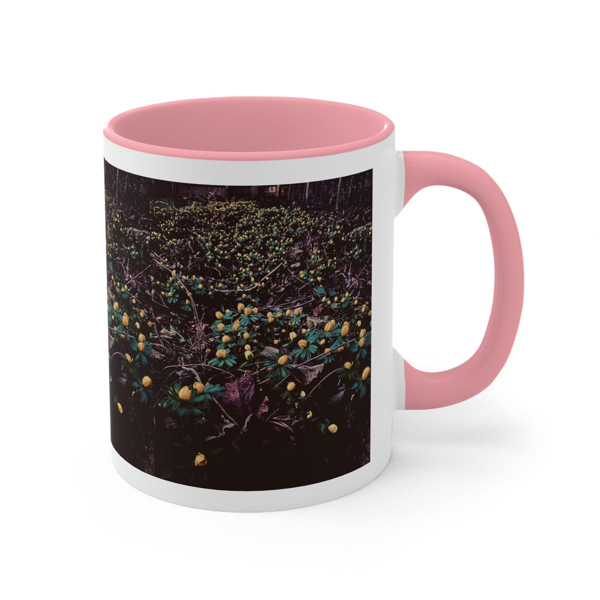 Floral Meadow Accent Mug — Dark Wildflower Print with Pink Interior
