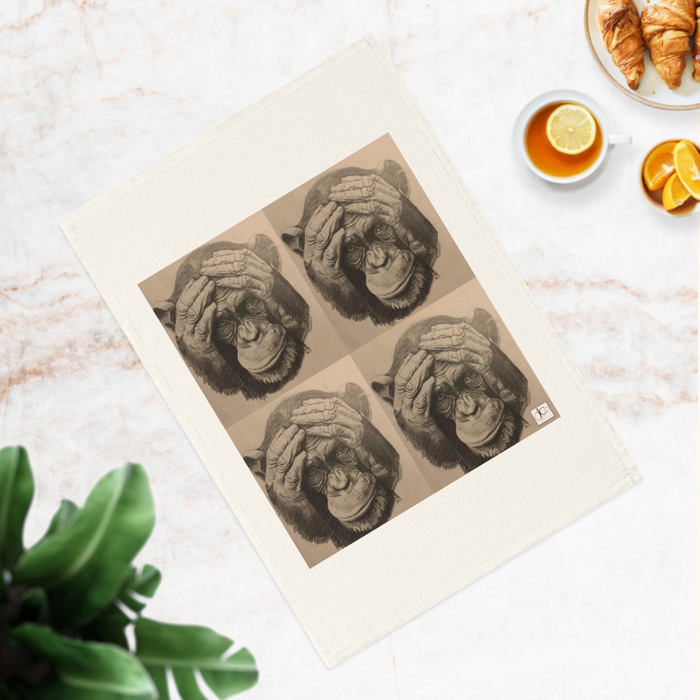 Chimpanzee Sketch Cotton Tea Towel — Vintage Primate Art Kitchen Towel