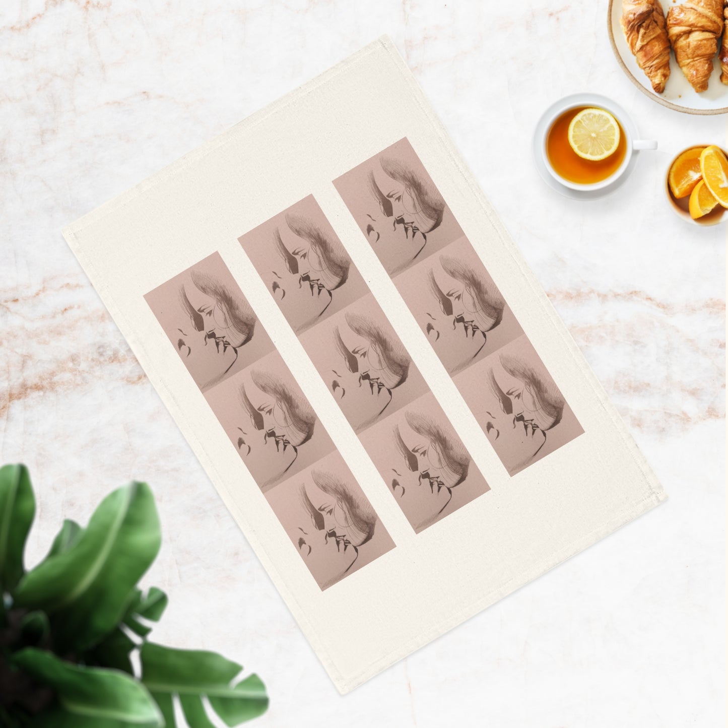 Vintage Portrait Cotton Tea Towel — Blush Repeating Face Pattern, Retro Bathroom or Kitchen Decor