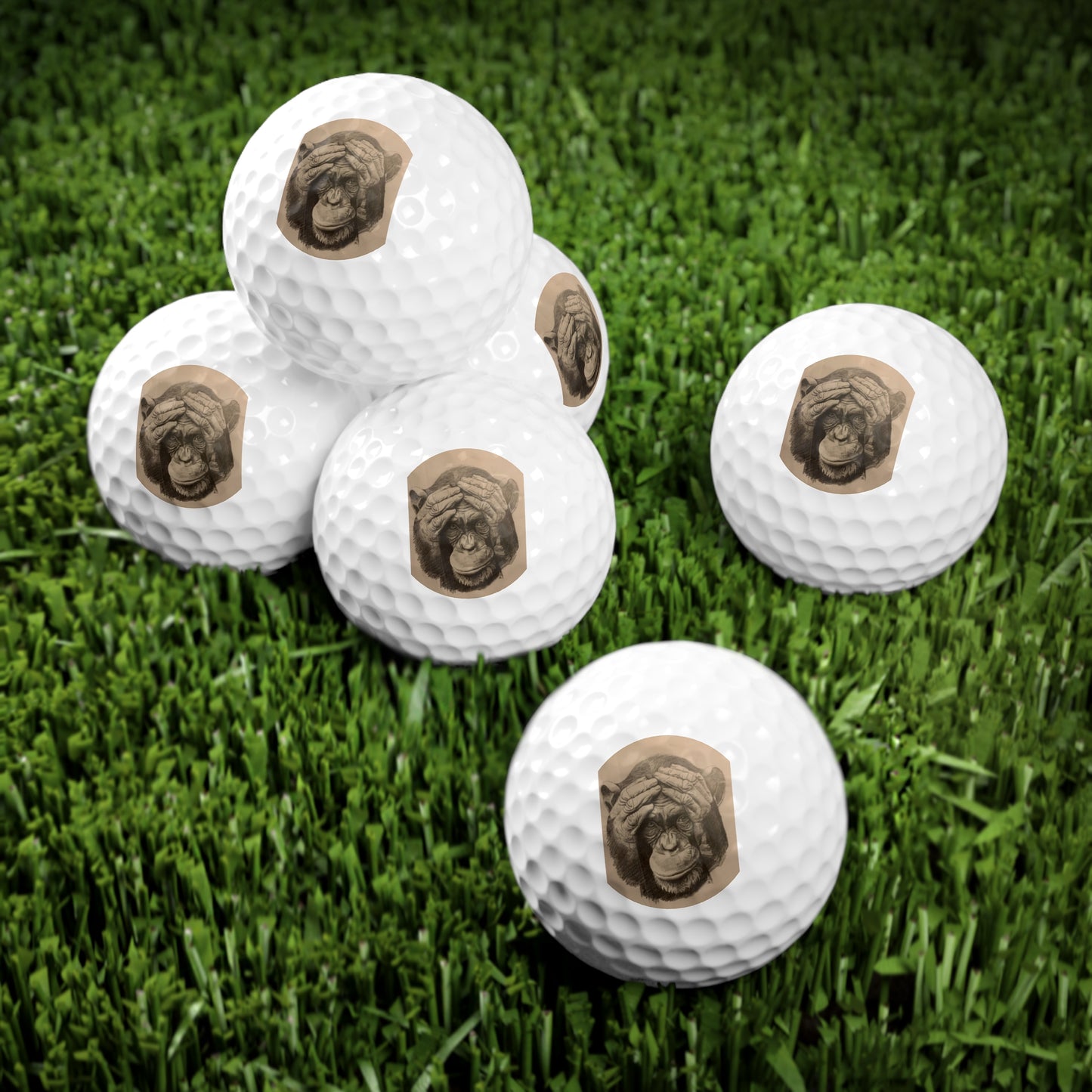An original JC-Portraits drawing, Golf Balls, Chimpanzee, 6pcs