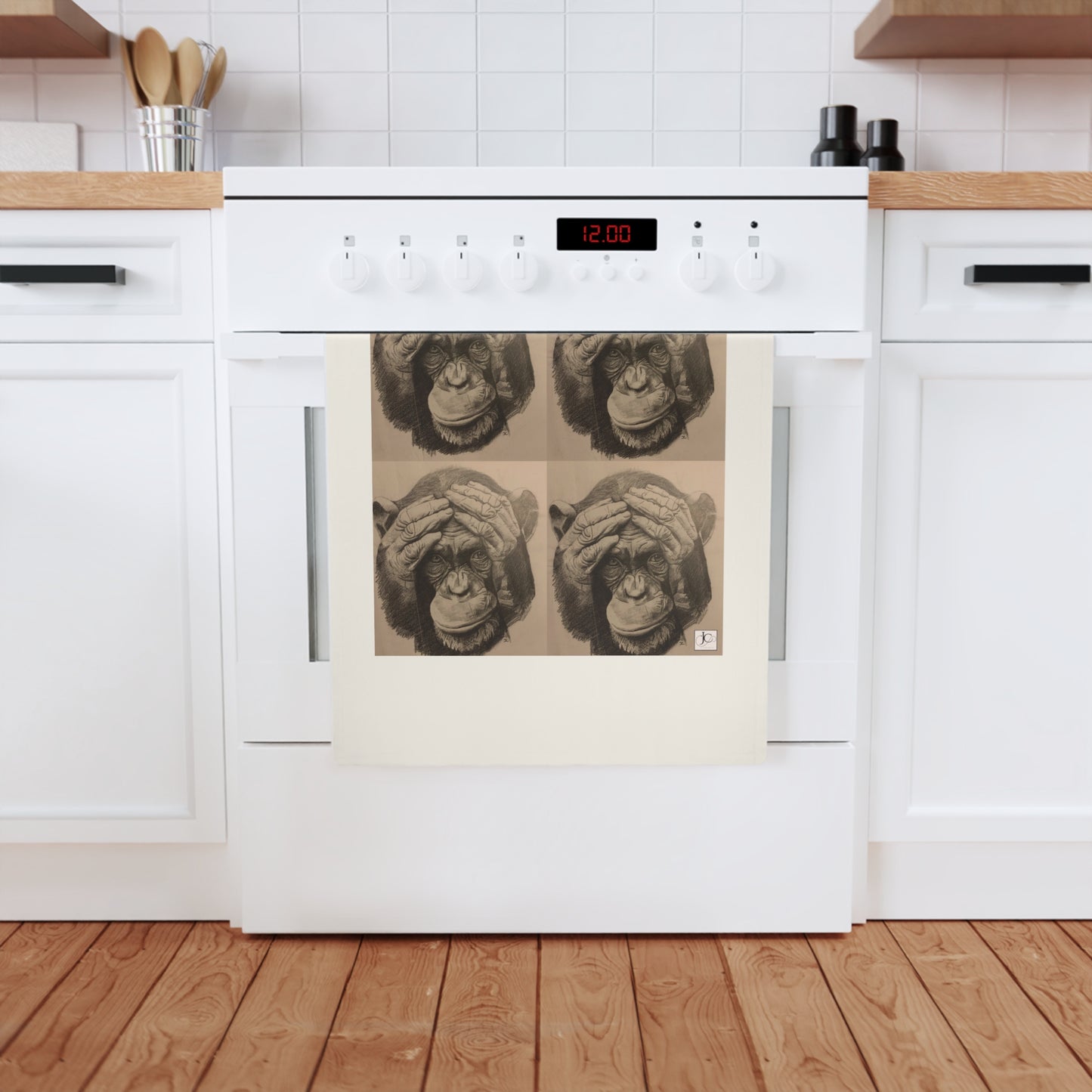 Chimpanzee Sketch Cotton Tea Towel — Vintage Primate Art Kitchen Towel