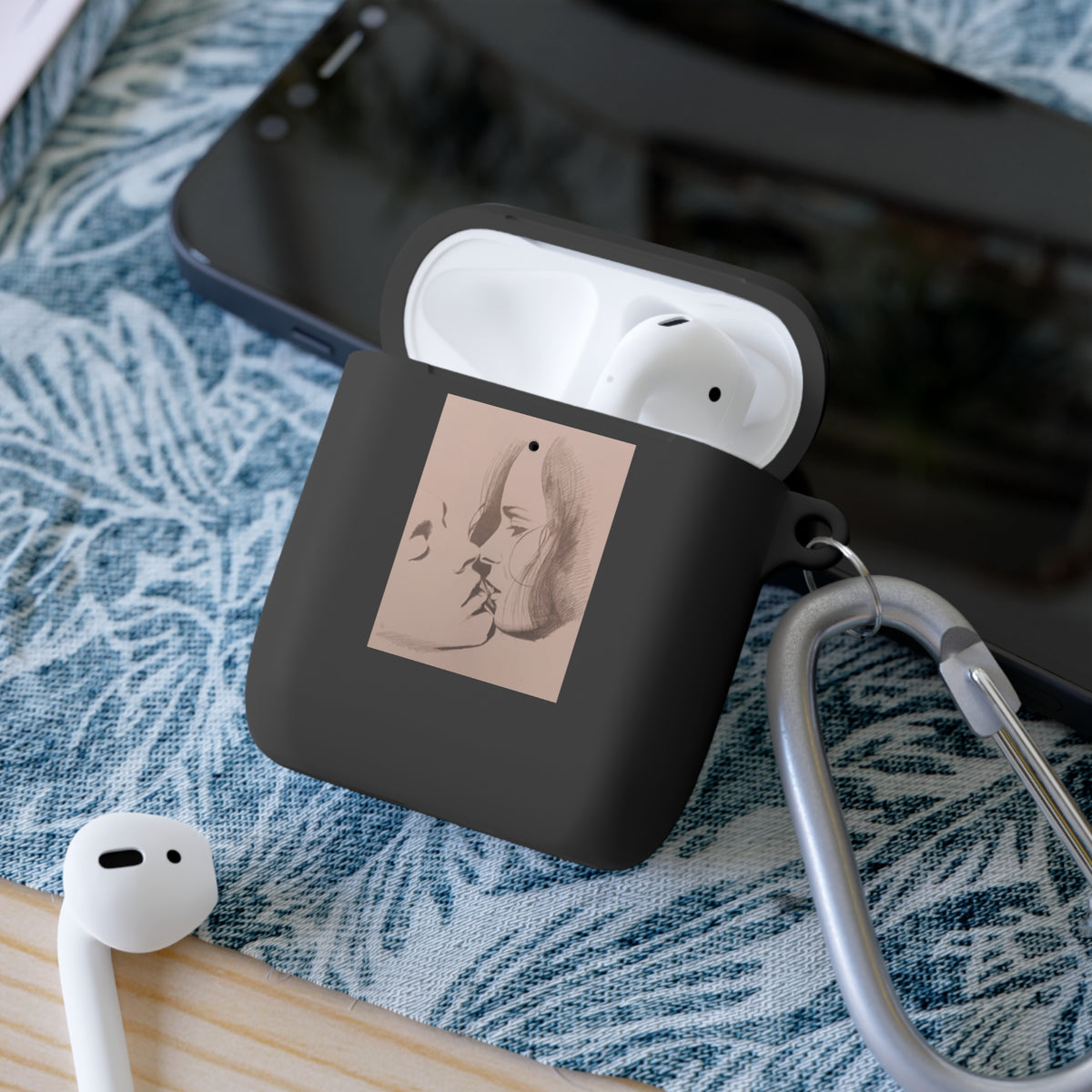 The Kiss - Artistic Portrait AirPods Case - Minimal Face Sketch & Monogram Design